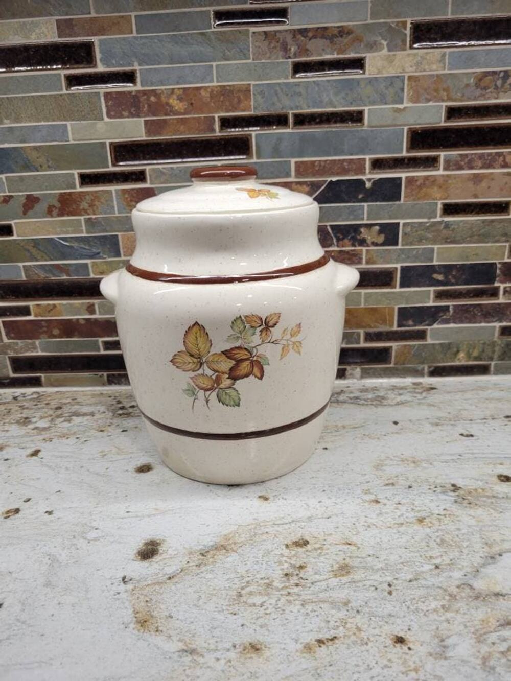Vintage Ceramic Cookie Jar Tan Speckled Autumn Leaves Crock Hobby Studio Pottery